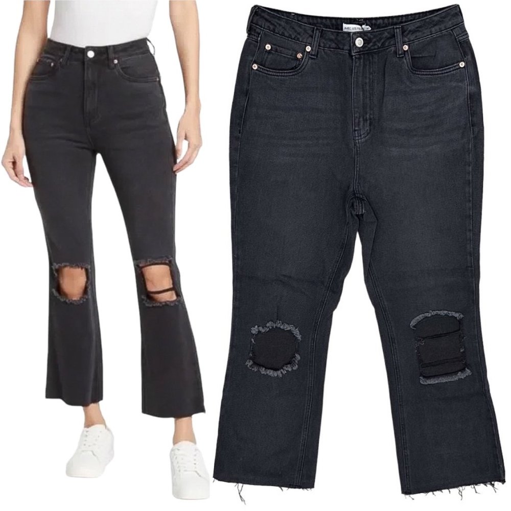 Avec Les Filles Black Distressed Crop Flare Jeans